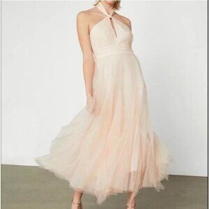 NEW BCBGMAXAZRIA Womens 6 Almond Pink Halter Neck Tulle Evening Gown Maxi Dress